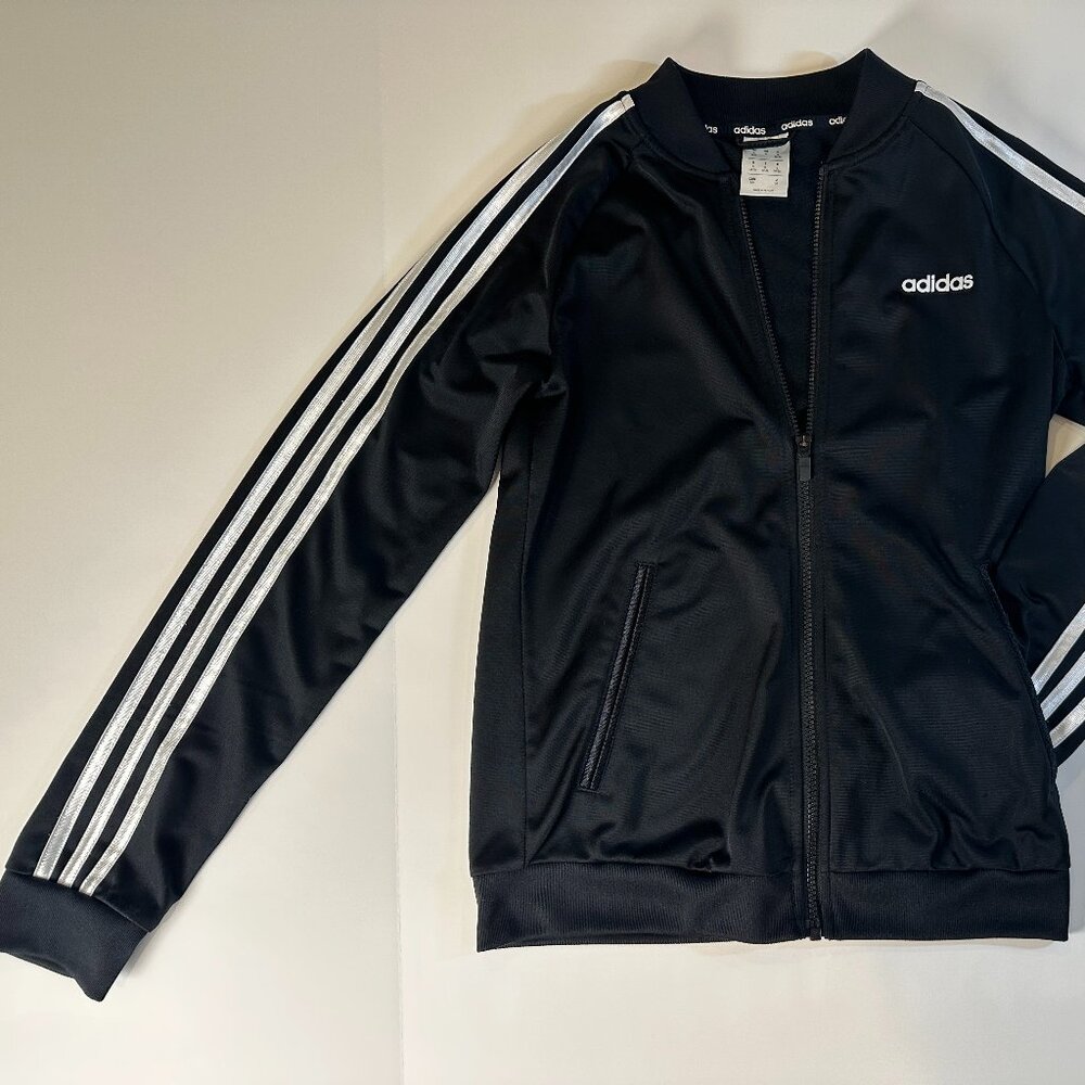 Adidas track jacket black with white stripes - size S
